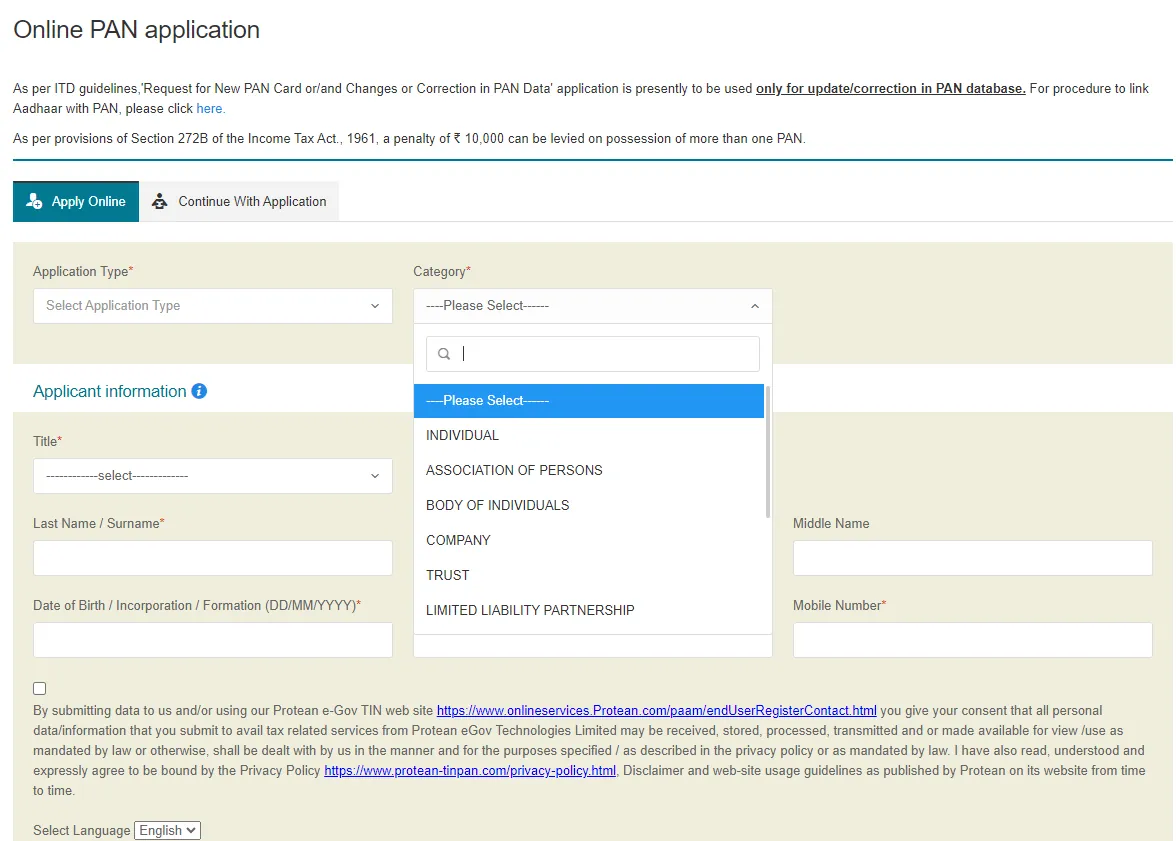 Pan Card Update Correction Form
